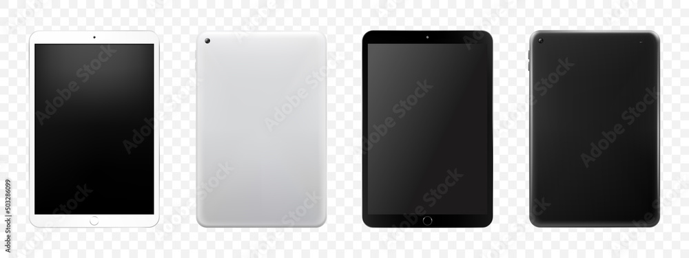 Poster tablet mockup set, isolated on white. black tablet and white colour tablet. front and back view. rea