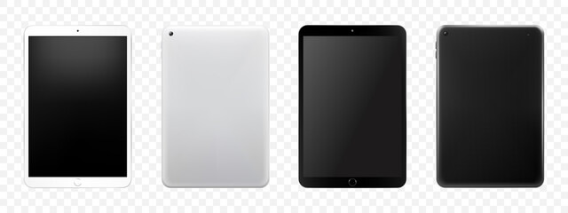 Tablet mockup set, Isolated On White. Black tablet and white colour tablet. Front and back view. Realistic 3d Vector illustration. Can use for object application demo. Can use for web.