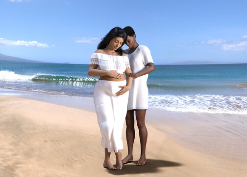 3D illustration. Pregnant same sex mixed race couple enjoying a walk on the beach. 