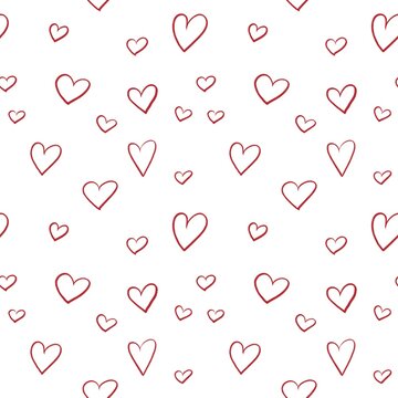 Seamless pattern with red hearts in handmade style, romantic pattern, romance, love, Valentine's day. Pattern with hearts for fabrics, postcards, packaging, design.