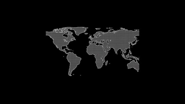 White picture of world map on a black background. world map. geography. Distortion liquid style transition icon for your project. 4K video animation for motion graphics and compositing.