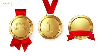 Bestseller, award and medal. First place or best product. Gold medals with red ribbons. Vector illustration