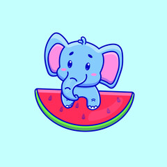 Cute cartoon baby elephant with watermelon. Isolated animal vector. Flat cartoon style
