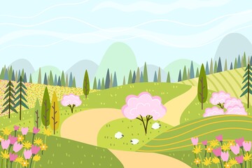 Summer or Spring landscape with trees, mountains, fields, leaves, flowers, sakura trees and sheeps. Vector illustration in flat style. Nature. Cute vector illustration of landscape natural background