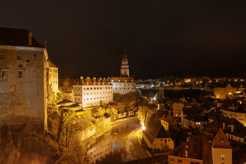 Fototapeta na wymiar Town Cesky Krumlov and its castle in Czech republic in the night. Horizontally.