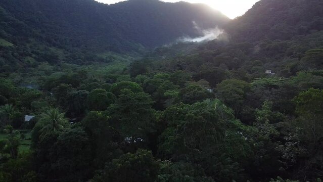Un hermoso y frio amanecer en medio de la selva de la reserva de la biosfera de los Tuxtlas en Veracruz, Mexico.