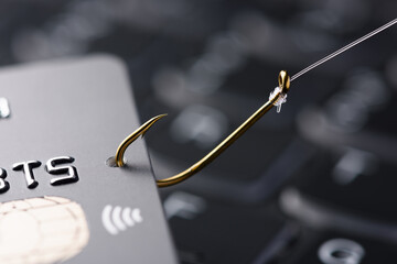 Credit card on fishing hook, phishing scam concept - 503288651