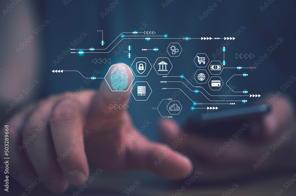 Aufkleber Security of future technology and Cybernetics on the Internet innovation technology against digital cyber crime, finger scanning allows access to security and identification of big Data businesses.