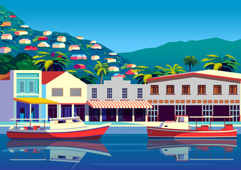 Fototapeta Tropical Island landscape with fishing boats, traditional houses, palm trees, sea and the mountains in the background. Handmade drawing vector illustration. obraz