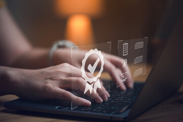 businessman working with sign of the top service Quality assurance, Guarantee, Standards, ISO certification and standardization concept..