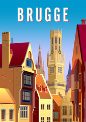 Fototapeta premium Old houses and churches and Town Hall in the background. Brugge travel poster. Handmade drawing vector illustraton.
