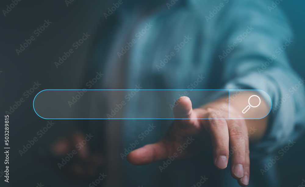 Leinwandbilder Data Search Technology SEO Search Engine Optimization. Search button on virtual screen pressed with finger for data and information. Using Search Console with your website. web search concept.
