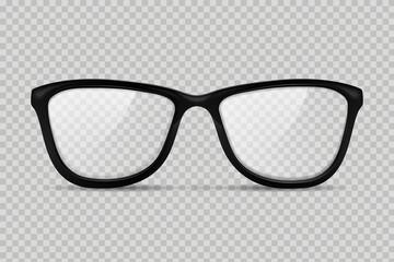 Glasses without temples isolated. Black plastic glasses with clear lenses to improve vision and reading stylish eye protection and trendy vector accessory