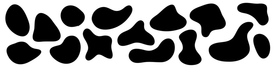 Liquid amorphous shapes, asymmetric irregular forms, black organic fluid blobs. Isolated silhouette, simple smooth ink stain. Flat design elements. Vector illustration