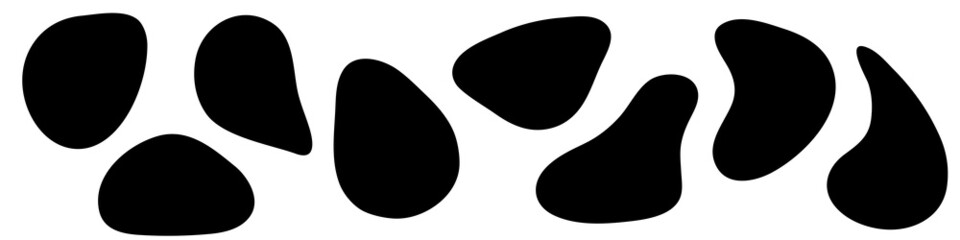 Liquid amorphous shapes, asymmetric irregular forms, black organic fluid blobs. Isolated silhouette, simple smooth ink stain. Flat design elements. Vector illustration