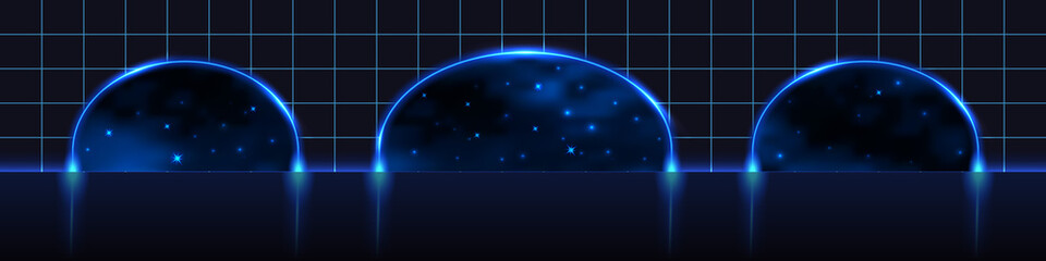 Neon glowing gate portal, stage podium with arch gates, dark blue night sky with shiny stars. Techno futuristic background, cyberpunk background, galaxy space, light efect. Vector illustration