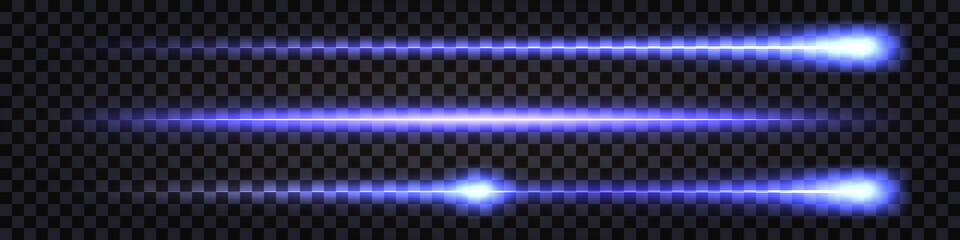 Blue neon laser beam, glowing light effect. Luminous ray lines with flash light and shiny explosions. Futuristic hi-tech design elements isolated on transparent background. Vector illustration - obrazy, fototapety, plakaty
