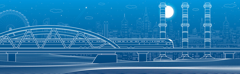 Train rides on the bridge. Three industrial pipes. City industry and transport illustration. Urban scene. White lines on blue background. Vector design art
