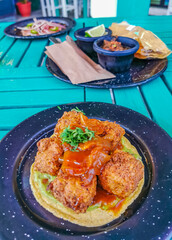 Plate of Fishballs tortillas restaurant PapaCharly Playa del Carmen Mexico.