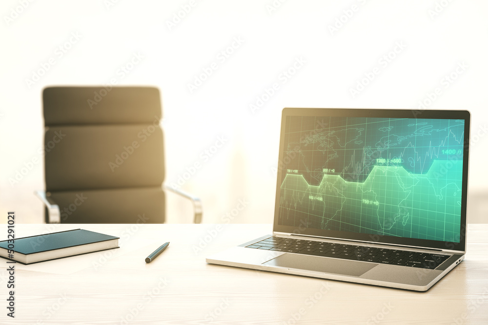 Poster stats data illustration on modern laptop monitor, computing and analytics concept. 3d rendering