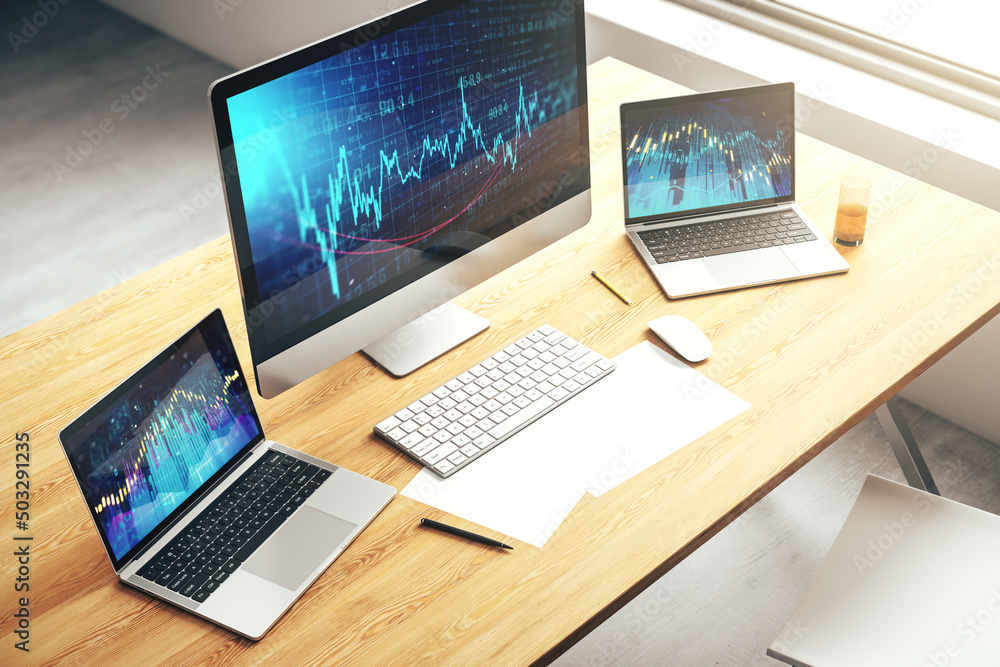 Poster modern computer monitor with abstract creative financial chart, research and strategy concept. 3d re