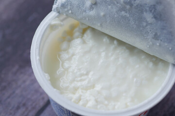 cottage cheese in a bowl on blue background 