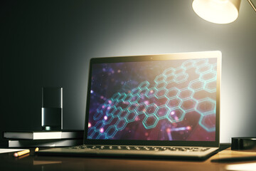 Modern computer monitor with technology hologram with hexagon. Research and development software concept. 3D Rendering