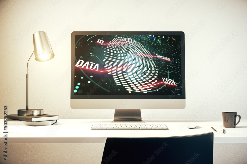 Poster modern computer monitor with abstract creative fingerprint hologram, research and development concep