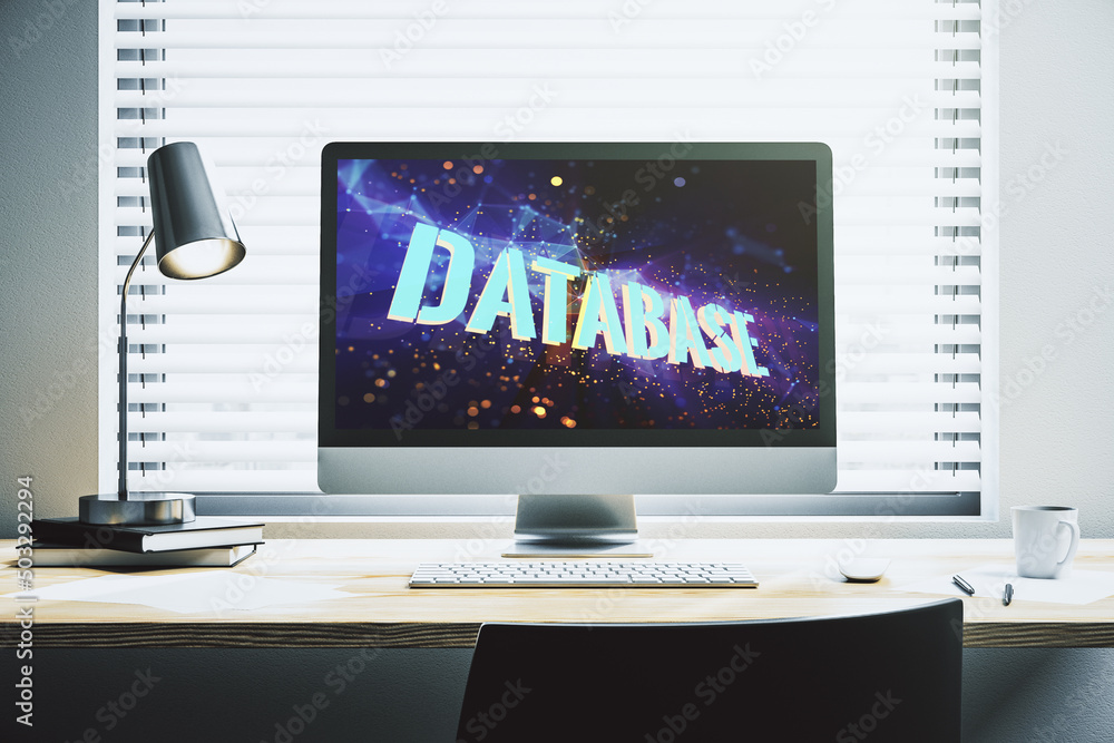 Poster modern computer monitor with creative database word hologram, research and development concept. 3d r