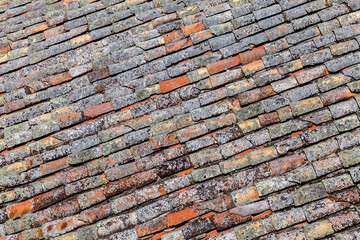 Old red tiling covered with lichen