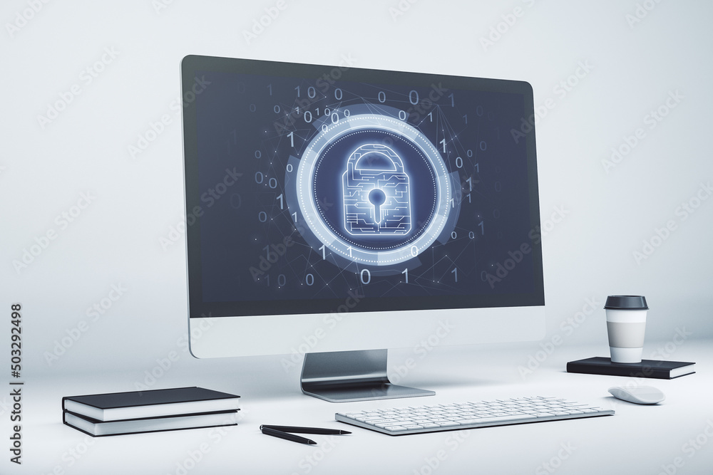 Aufkleber Creative lock sketch with chip hologram on modern computer monitor, protection of personal data concept. 3D Rendering