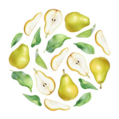 Round pattern with watercolor pears and leaves