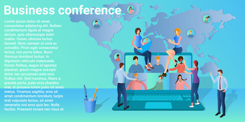 Business conference.People hold a business meeting using an internet video connection.People on the background of a working laptop.Vector illustration.