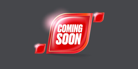Coming soon horizontal banner and red button on grey modern background. vector coming soon sticker, label, icon, logo and badge isolated on stylish grey background