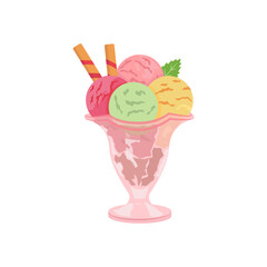 Colorful tasty isolated ice cream. Vector. Summer season fresh and beach food snack or cool down. Milk chocolate and vanilla with fruit or candy. Mint