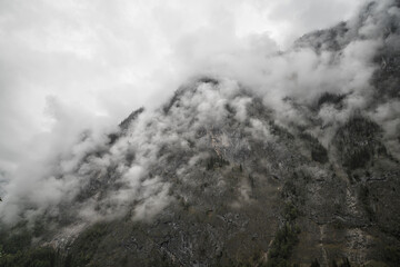Dramatic fog over forest and dark mood in the mountains - Königssee Alps