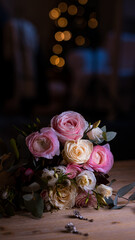 A Bridal bouquet with roses and lights