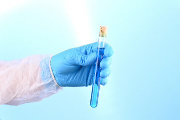 Chemical laboratory preparation in the form of blue liquid in a test tube.