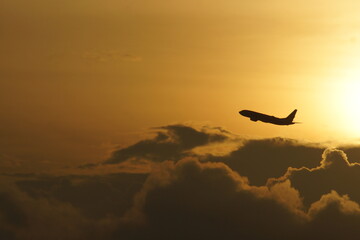 Fototapeta premium Aircraft taking off on the dawn sky