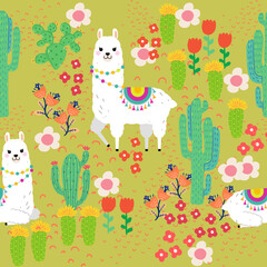 Seamless pattern with alpaca and peyote
