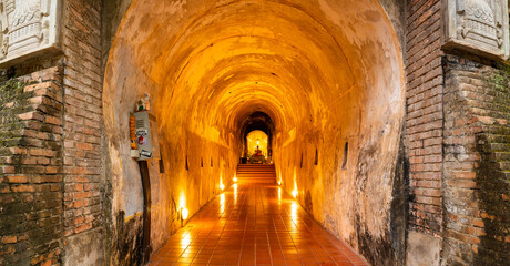 CHIANG MAI, THAILAND - April 8, 2022 : Panorama of Ancient Tunnel at Wat Umong