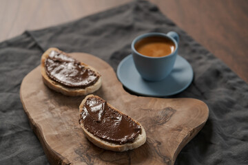 Toasted ciabatta with chocolate hazelnut spread and fresh espresso