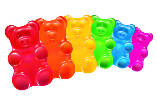 funny colored cartoon gummy bears on a white background. bright jelly candies of rainbow colors. greeting card. isolated vector illustration.
