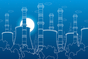 Industry illustration. Factory thermal power plant. Urban scene. Pipes and smoke. White lines on blue background. Vector design art