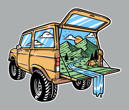 Mountain view in the car illustration