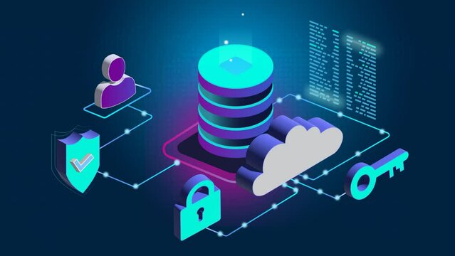 Database Cloud Technology, Encryption Security Concept Showing Data Flow to a User, representing PaaS and IaaS. Server IOT in datacenter communication with devices.