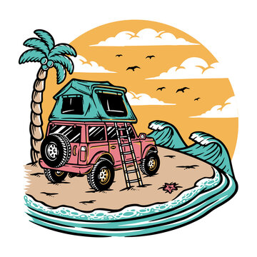 Camping on the beach illustration