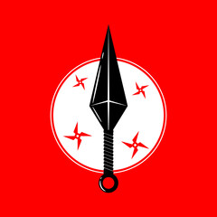 Ninja weapon kunai blade and shuriken star with white circle on red background japanese style flat vector icon design.