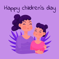 Mom and daughter happily hug and smile. Illustration in a flat style and bright colors (lilac, pink) with palm leaves on the background. Happy Children's Day. Happy Mother's Day. Greeting card