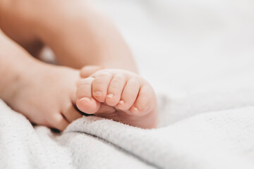 baby legs lie on the bed on a white background. close up. copy space. baby foot care